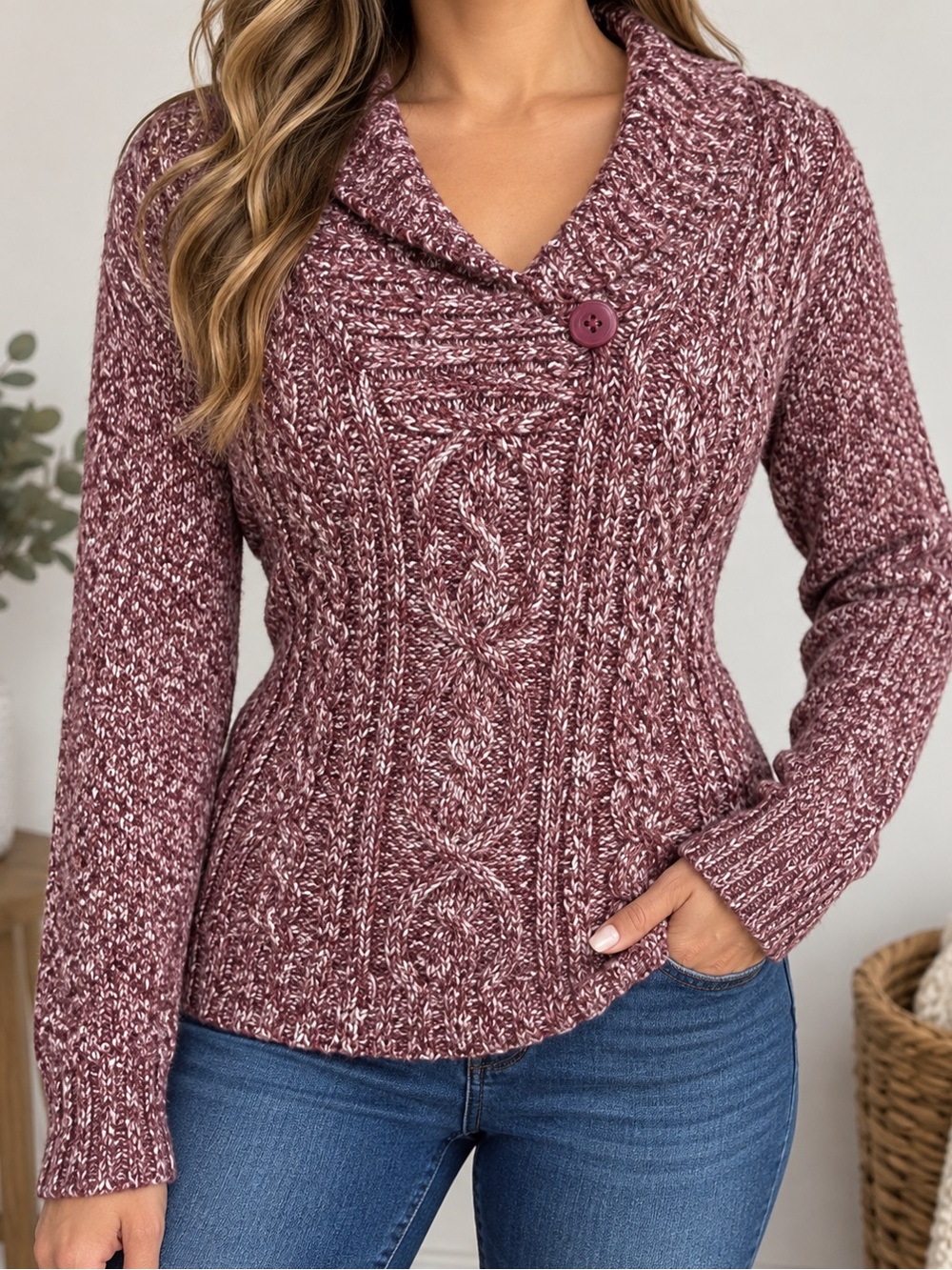Sonoma Life + Style Women’s M Mauve Marled Cable Knit Shawl Collar Sweater